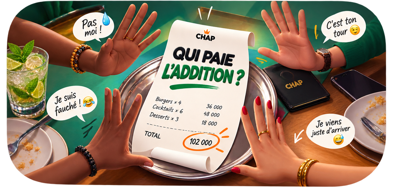 Des mains repoussent une addition CHAP « Qui paie l'addition ? » sur une table verte