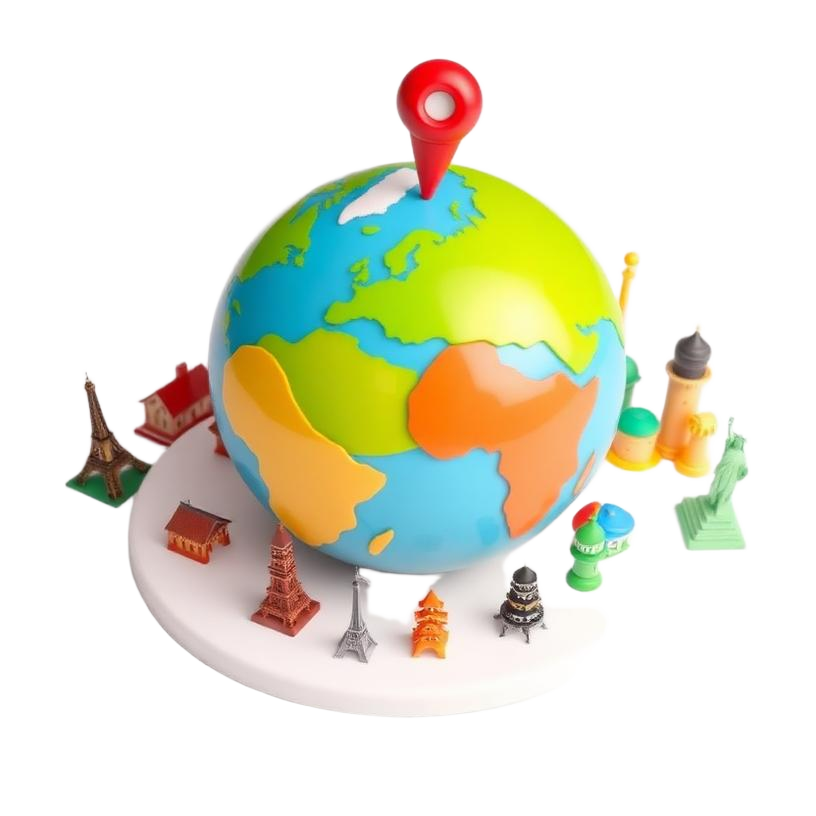 Globe terrestre entouré de monuments emblématiques